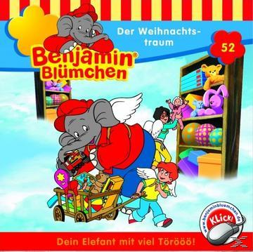 Benjamin Blümchen Zeichentrickbild mit einem Elefanten, der einen Karren voller Spielzeug schiebt, mit Kindern drumherum.