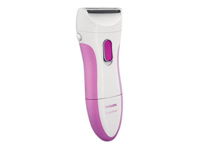 A pink and white Philips LadyShave electric shaver. The razor has a pink body and a white head.