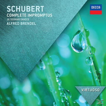 Albumcover mit grünem Gras und Wassertropfen. Text: SCHUBERT. Titel: Complete Impromptus.