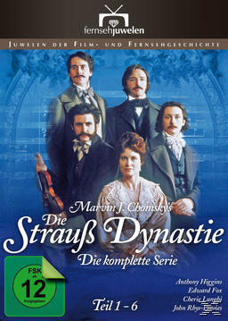 DVD-Cover für "Die Strauss Dynastie" mit fünf Männern und einer Frau in einem formellen Rahmen.