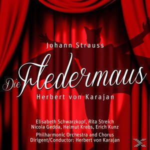 Albumcover, roter Vorhang, Text und Silhouette.
