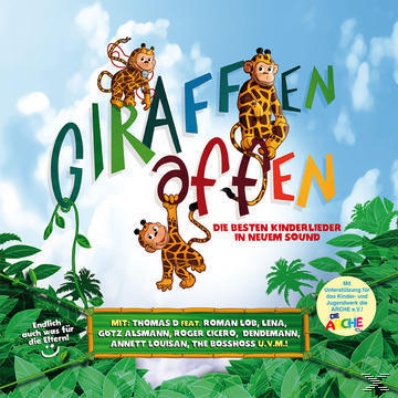 Albumcover für 'Giraffenaffen'. Drei Zeichentrick-Giraffen mit blauem Himmel und grünen Blättern.