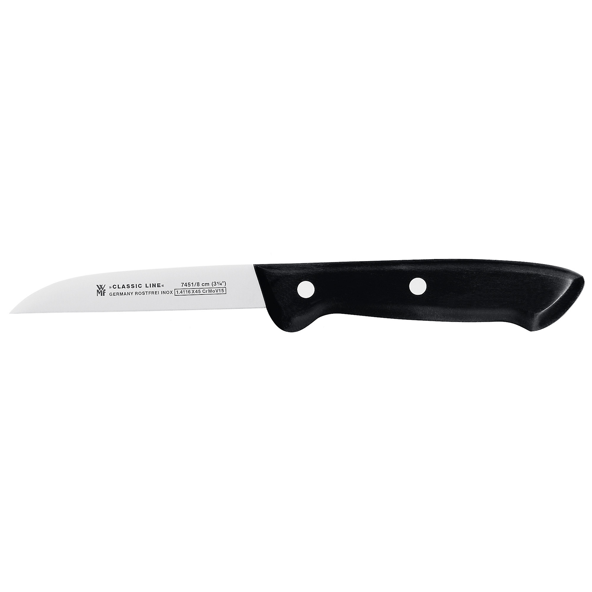 Ein WMF Classic Line Küchenmesser, schwarzer Griff, silberne Klinge, isoliert auf weißem Hintergrund.