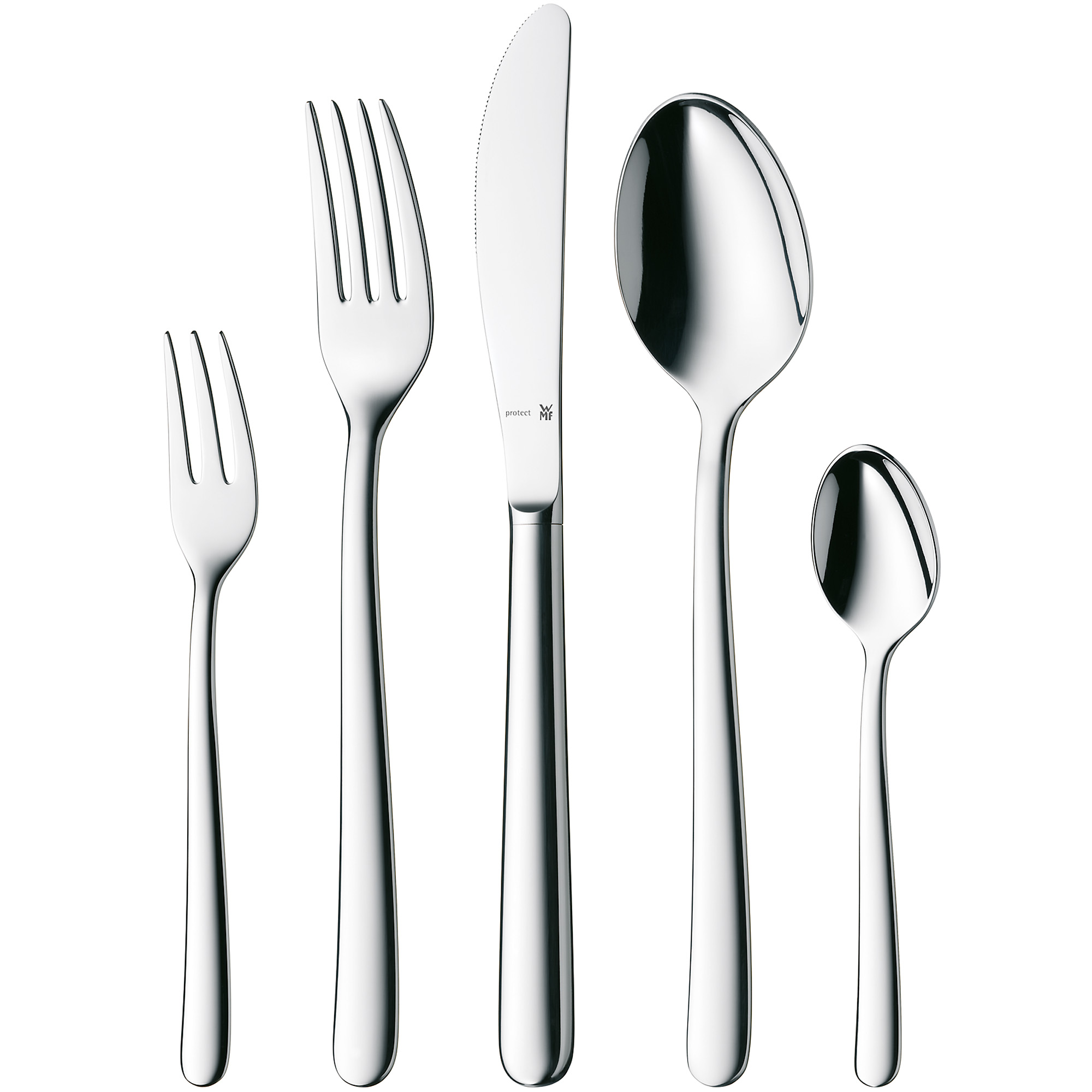 Ein Set aus fünf Edelstahl-Besteckteilen auf weißer Oberfläche.