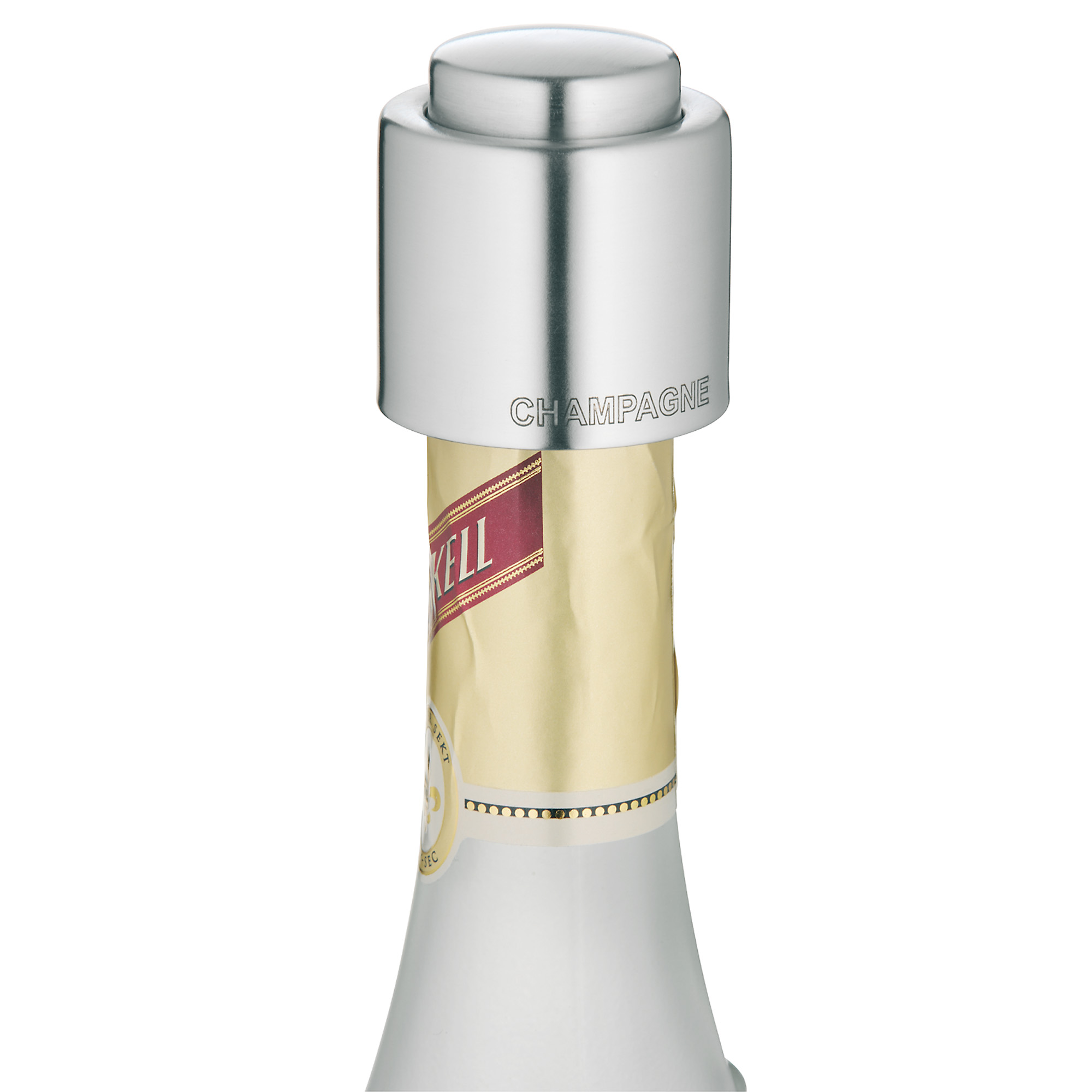 Champagnerflasche mit silbernem Verschluss, beschriftet 'CHAMPAGNE'.