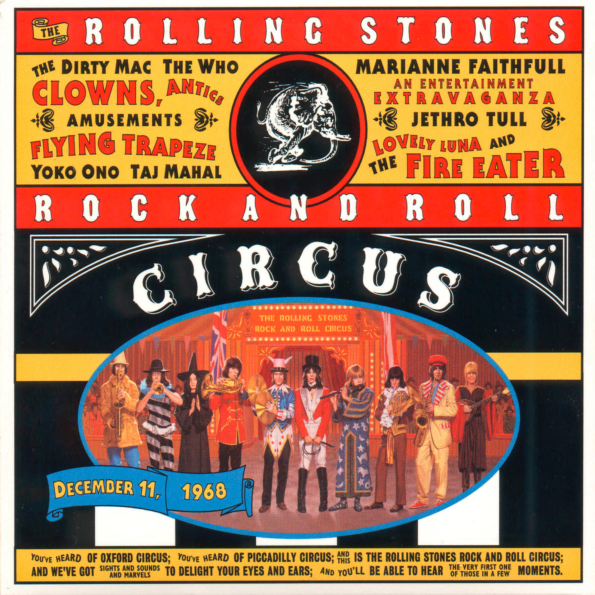 Albumcover, eine Gruppe von Leuten, die auf der Bühne auftreten, und die Worte Rock And Roll Circus.