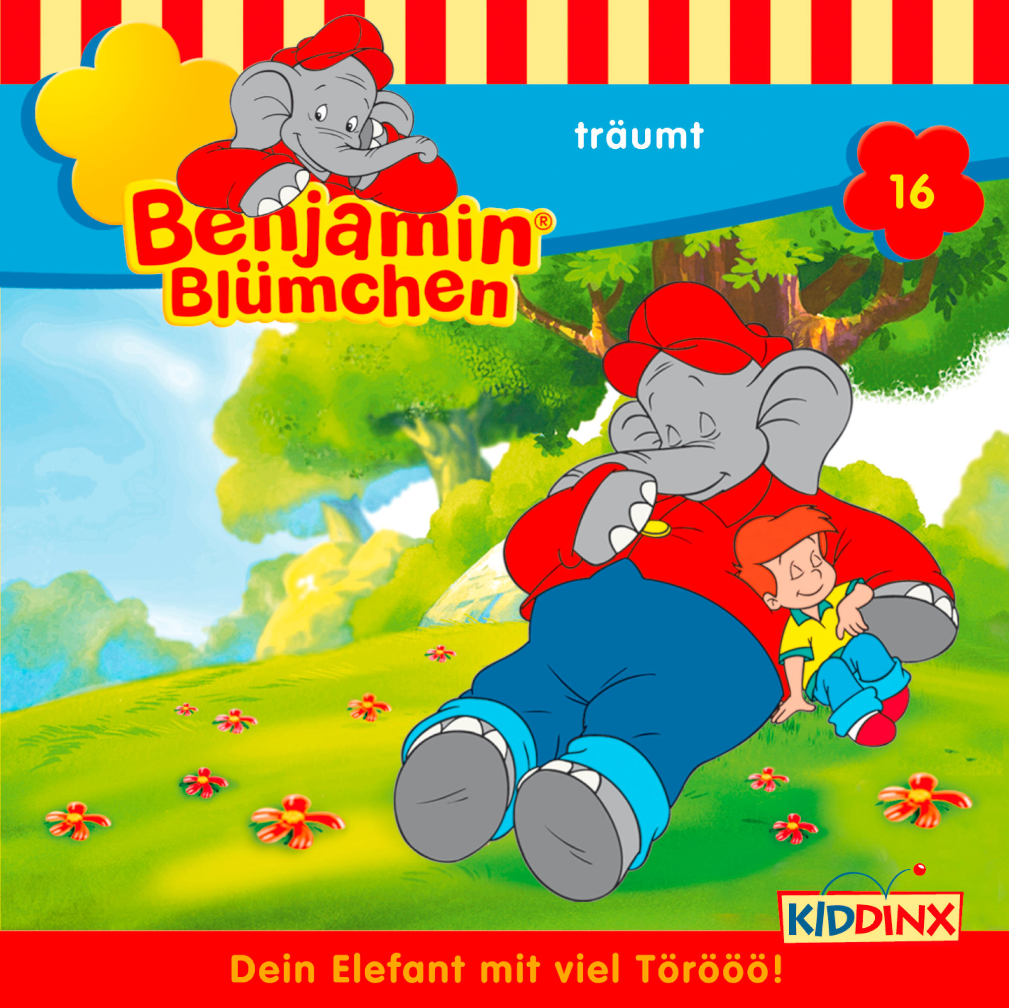 Albumcover von Benjamin Blümchen. Ein Elefant und ein Junge auf einer grünen Wiese. Text: 'träumt'.