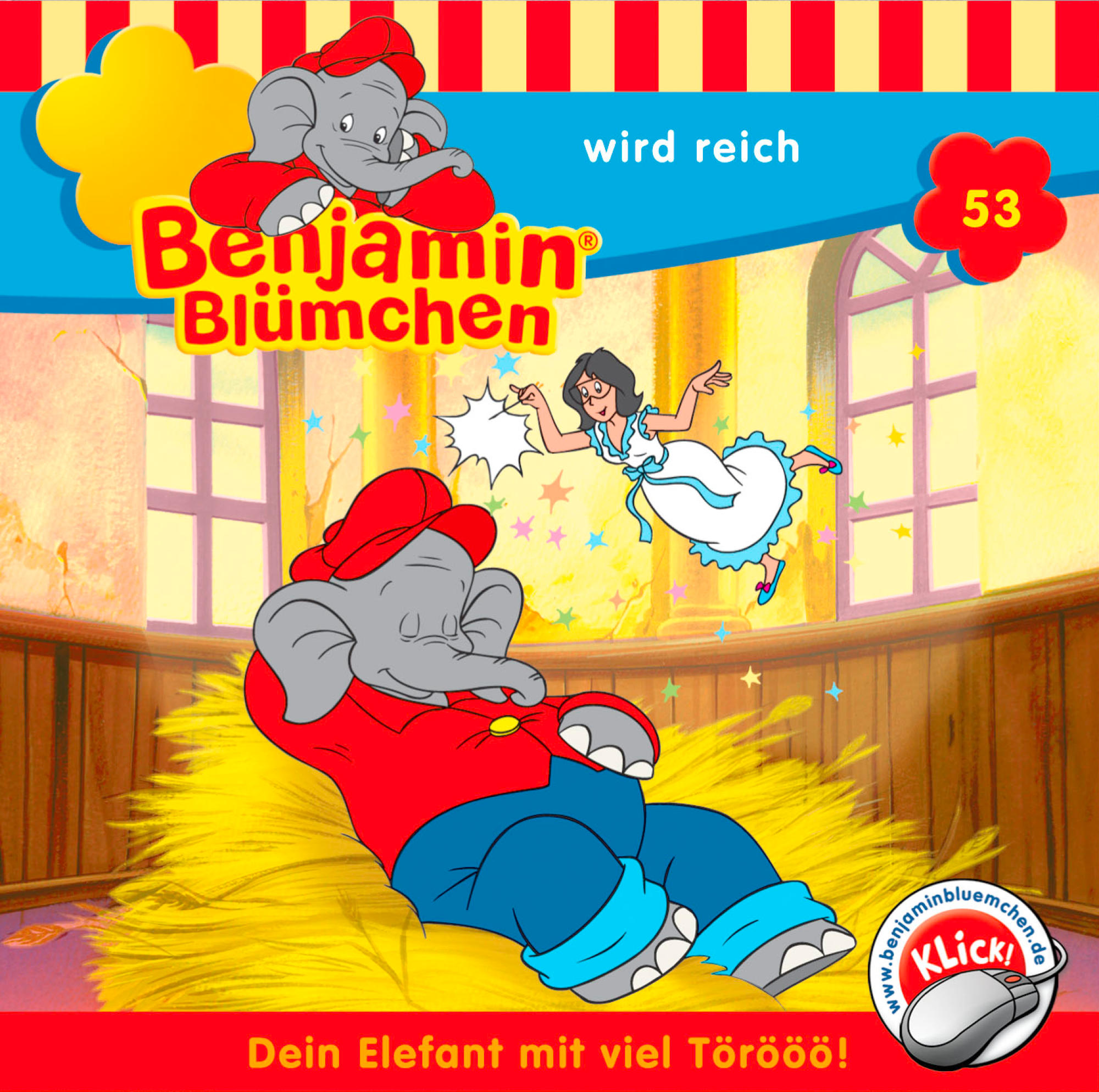 Benjamin Blümchen Buchcover. Ein Elefant in Rot, eine Frau mit Zauberstab und Titel.
