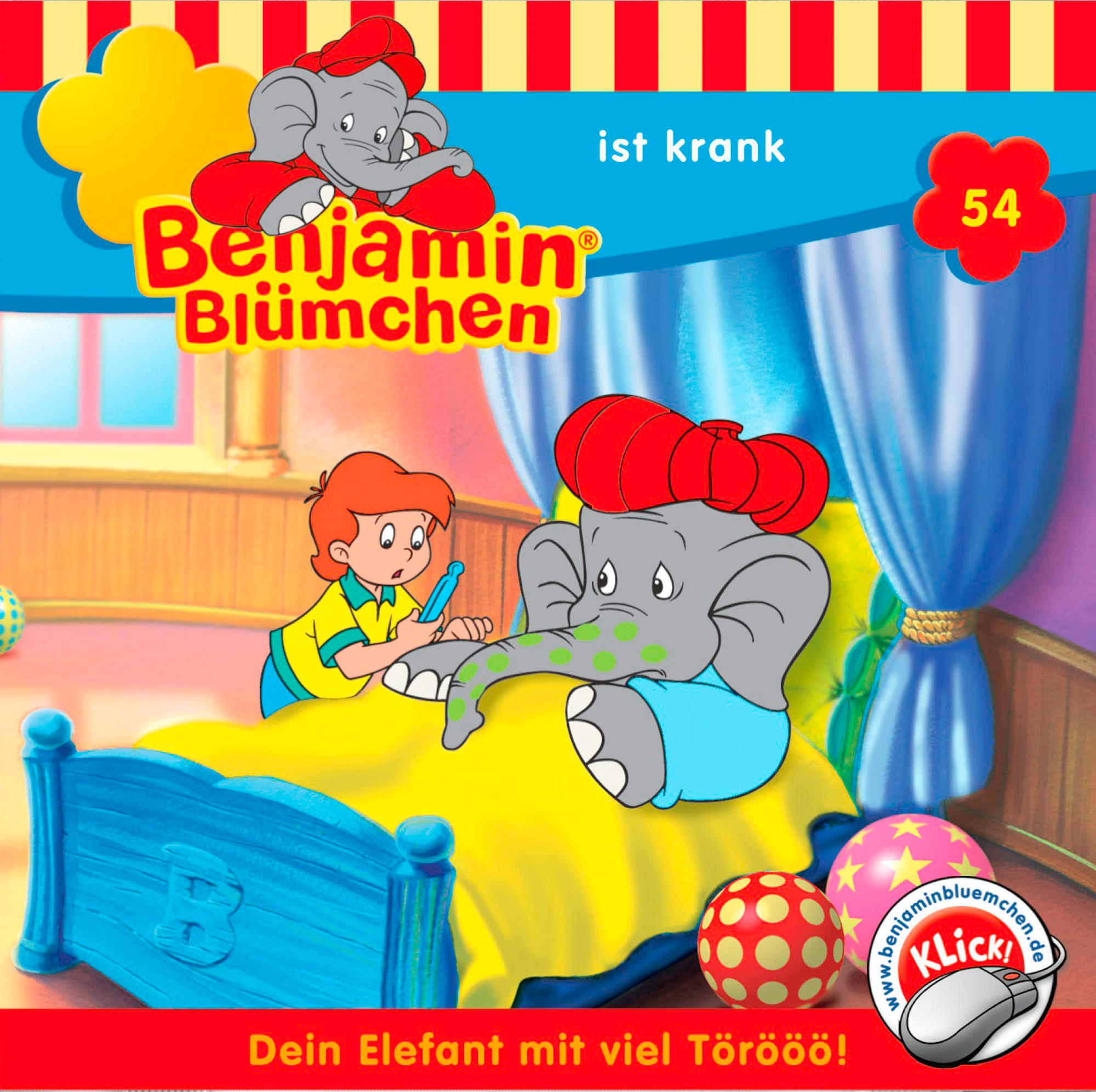 Benjamin Blümchen-Buchcover. Ein Elefant im Bett, mit einem Jungen, der ihn ansieht. Roter Text sagt Benjamin.