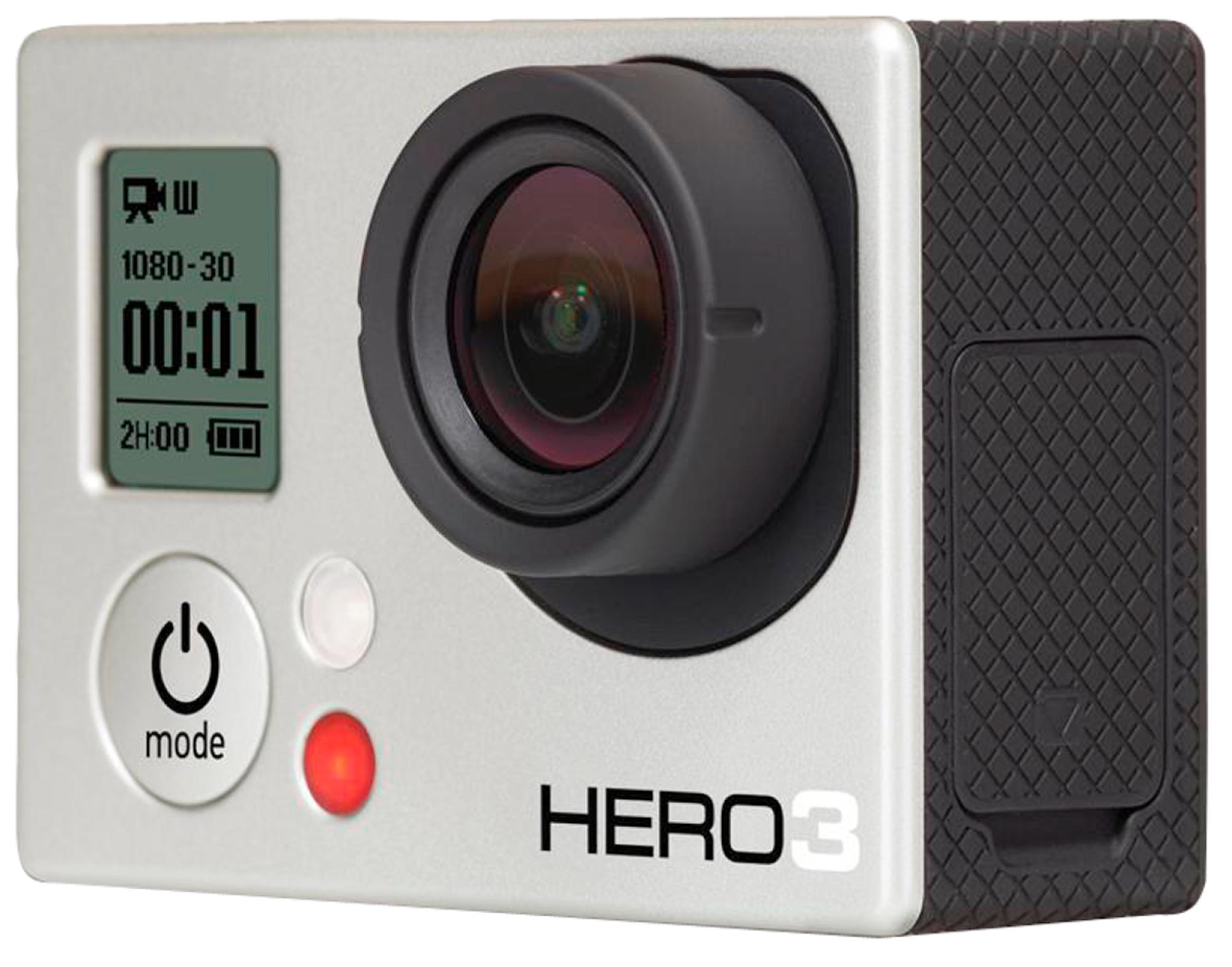Una cámara GoPro Hero3 plateada. Tiene una lente y una pequeña pantalla.