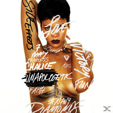 Rihanna Albumcover. Rihanna, oben ohne, mit Worten auf ihrem Körper.