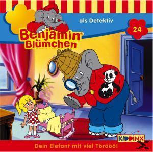 Cartoonbild von Benjamin Blümchen als Detektiv mit Lupe.