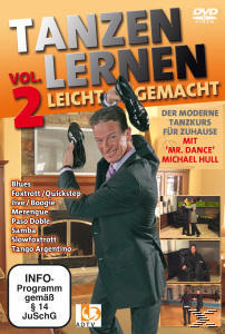 DVD-Cover für 'Tanzen Lernen' mit einem Mann, der Schuhe hält, mit Text und Tanzfiguren.