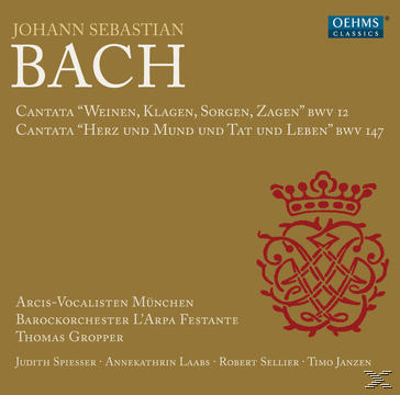 Ein CD-Cover mit Text über Johann Sebastian Bach, mit goldenem Hintergrund und rotem Design.