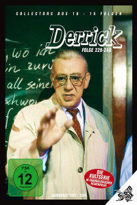 Derrick DVD-Cover. Ein Mann im Anzug gestikuliert. Hinter ihm eine Tafel mit Schrift.
