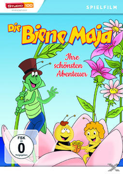 DVD-Cover 'Die Biene Maja'. Zeichentrickfiguren: Biene Maja, eine Heuschrecke und zwei Bienen auf einer Blume.