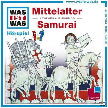 CD-Cover. Cartoon-Szene. Zwei Ritter auf Pferden und Text über Mittelalter und Samurai.