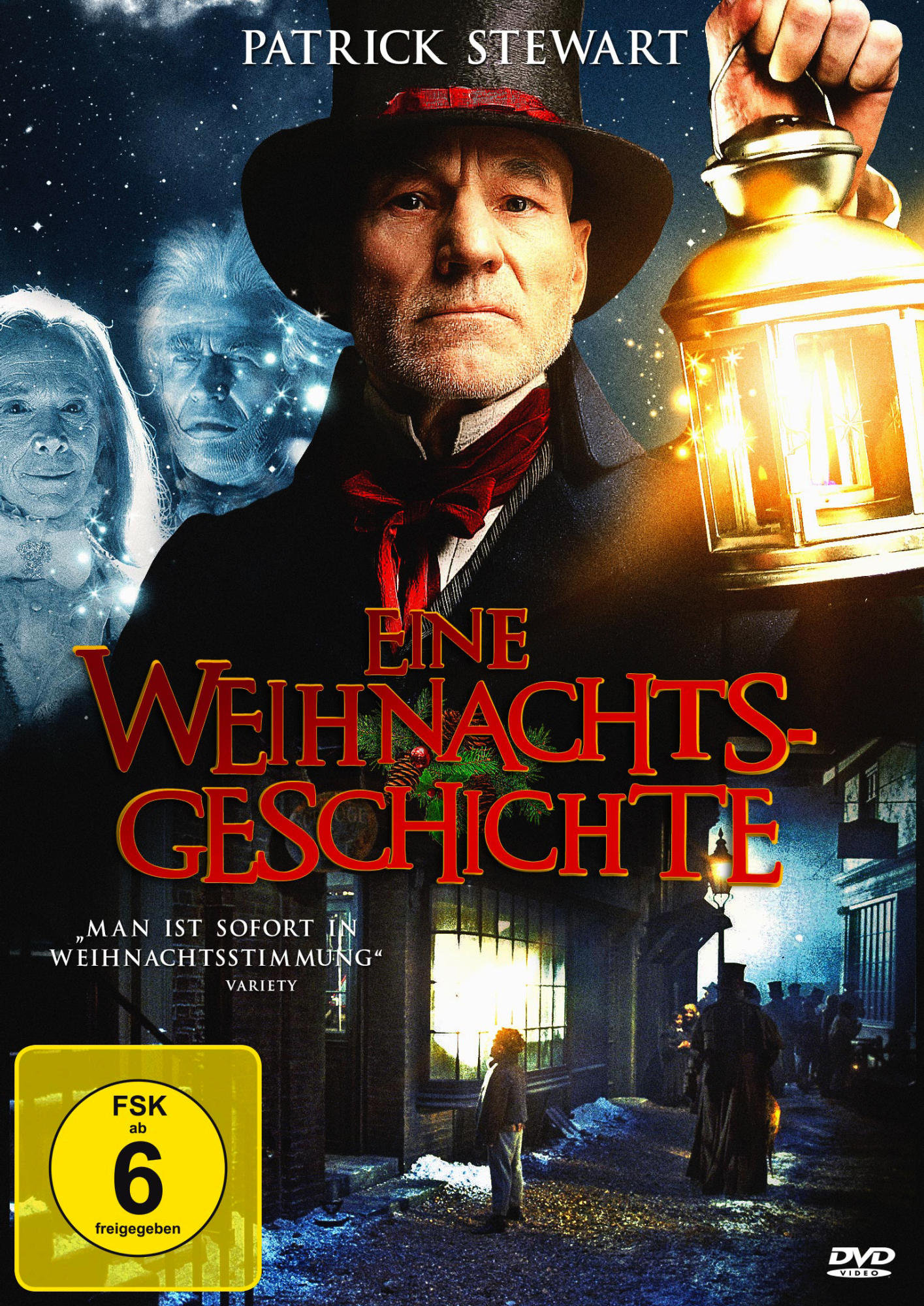 DVD-Cover, Patrick Stewart mit Hut, Titel ist "Eine Weihnachtsgeschichte".