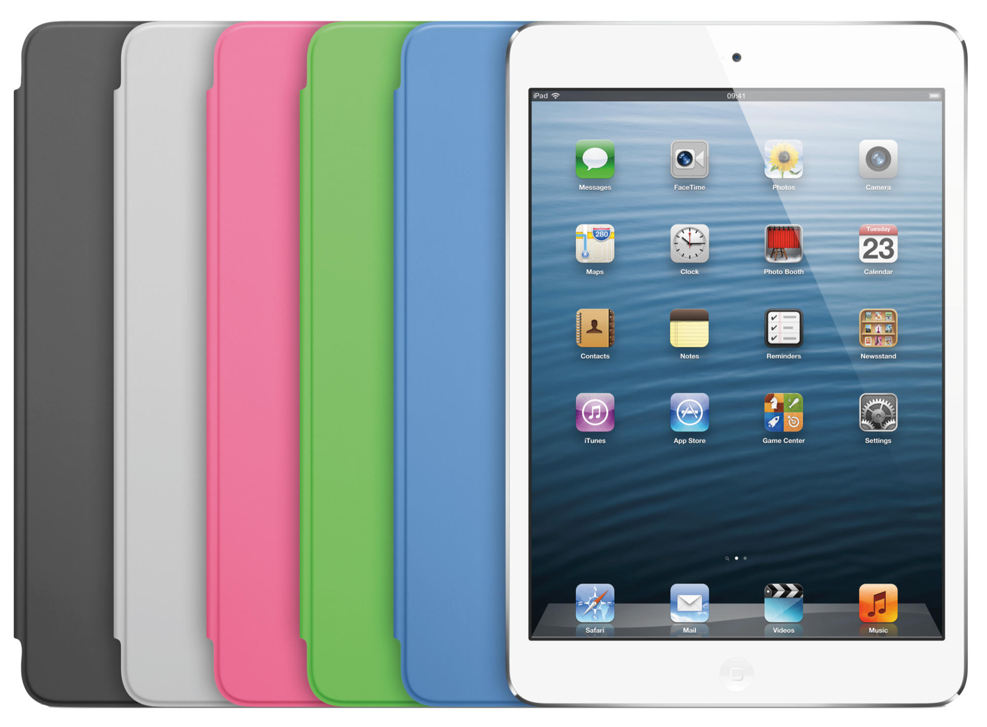 iPad Mini mit bunten Hüllen. Das iPad ist weiß und die Hüllen sind in verschiedenen Farben.