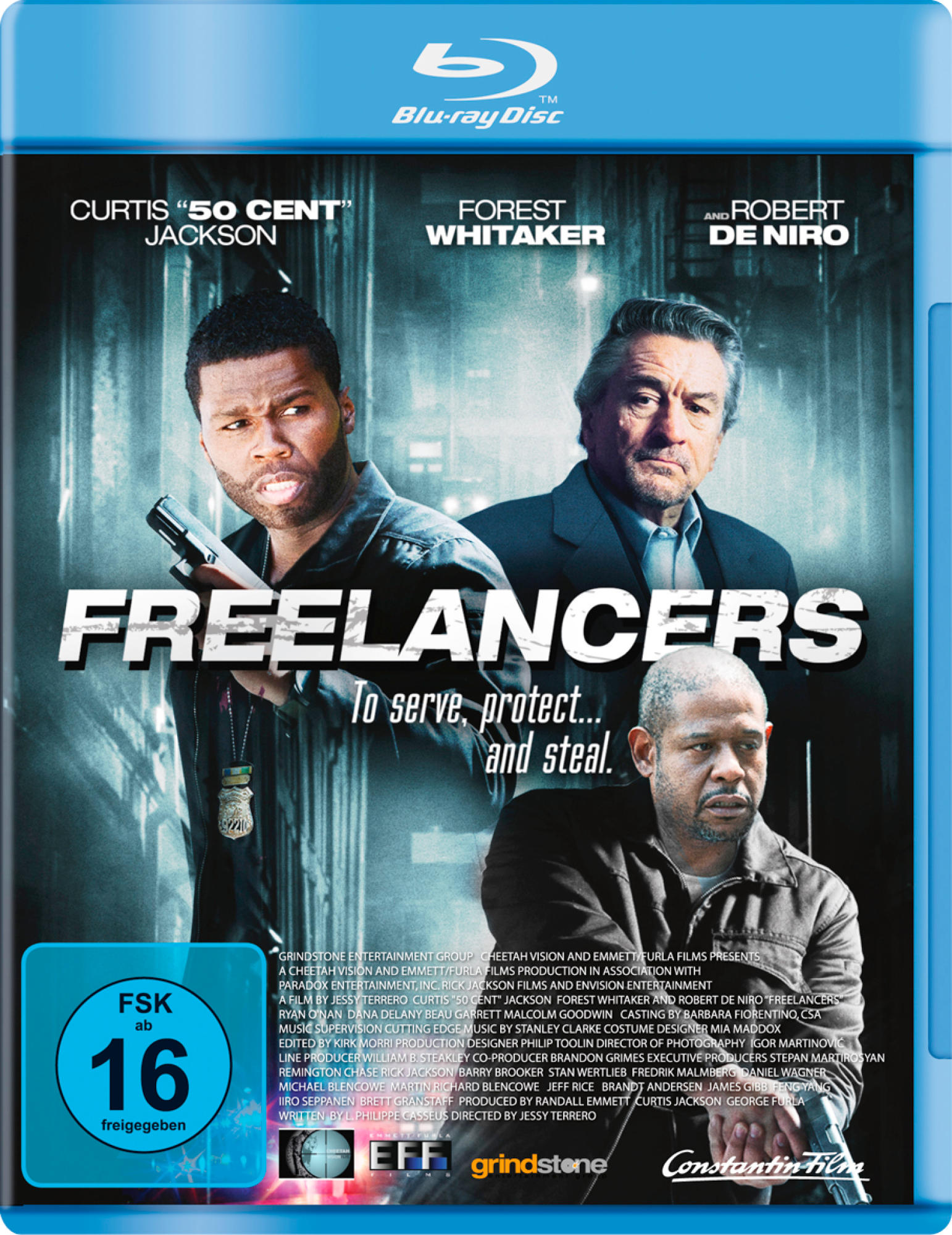 Ein Blu-ray-Cover mit drei Schauspielern und dem Titel 'Freelancers'.