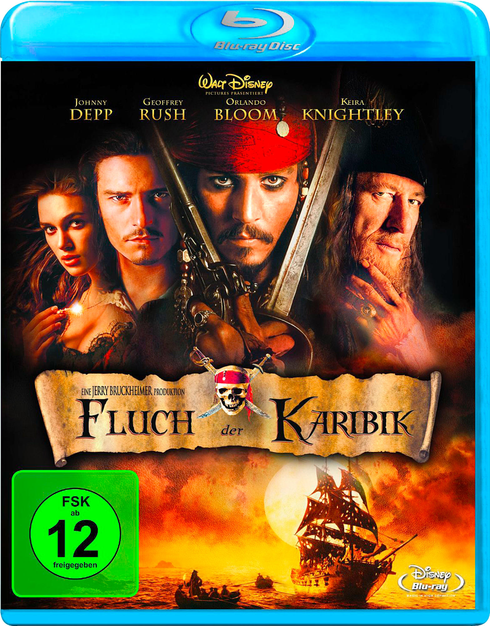 Filmcover: Fluch der Karibik, Schauspieler Johnny Depp, Orlando Bloom. Schiff auf See, blauer Hintergrund.