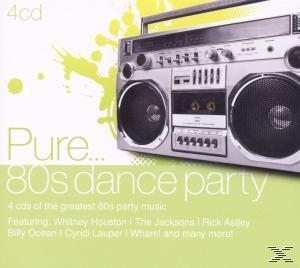 CD-Cover: Pure 80s Dance Party. Boombox-Bild. Gelb und Grün. Text.