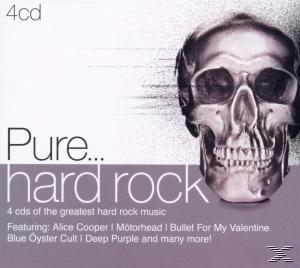 Albumcover: Schädel-Grafik, Titel 'Pure Hard Rock'. Mit Alice Cooper, Motorhead und mehr. Lila und weißer Hintergrund.