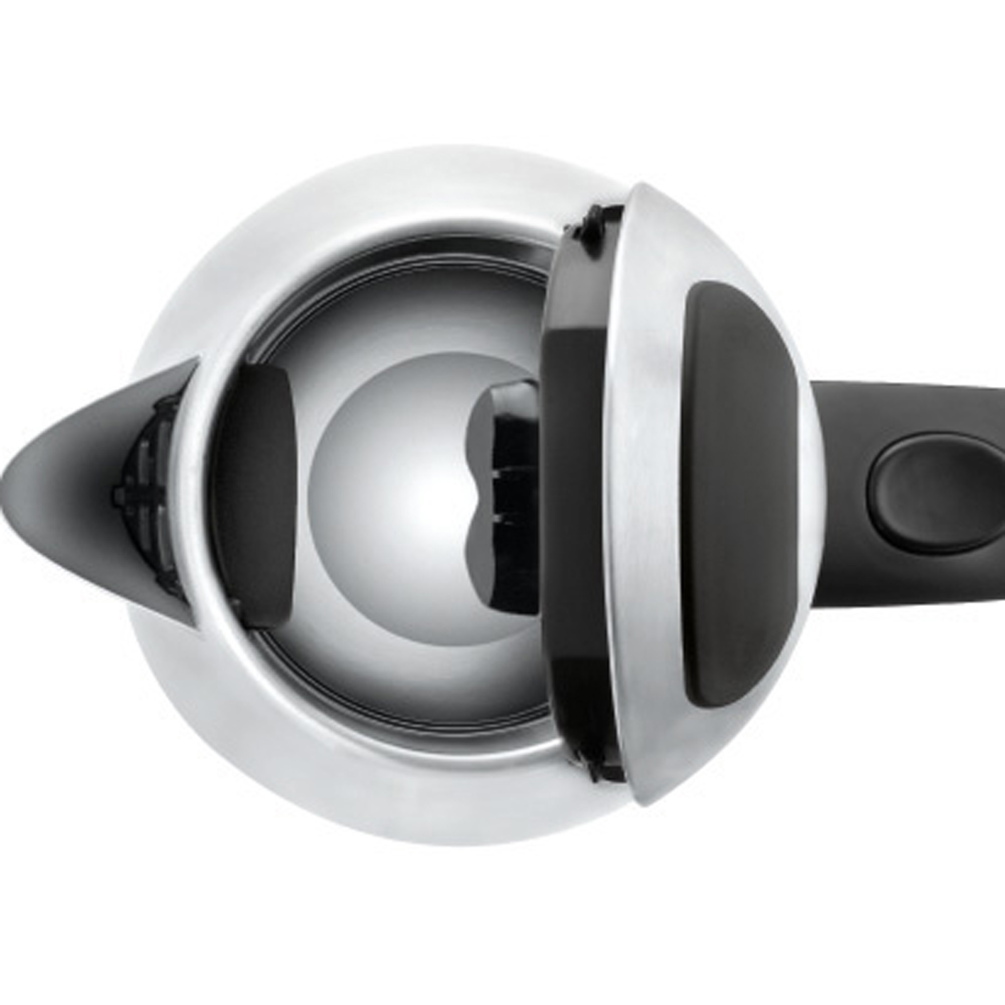 Eine Draufsicht auf einen Wasserkocher, offen mit schwarzem Griff und silbernem Innenraum.