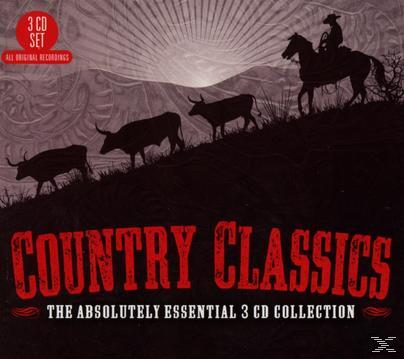 Albumcover: Silhouetten von Kühen und einem Cowboy auf einem Hügel, mit dem Titel "Country Classics" und dem Label "3 CD Set".