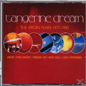 Albumcover. Tangerine Dream - The Virgin Years. Farbige Kugeln auf rotem Hintergrund.