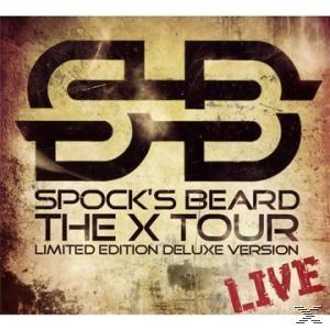 CD-Cover mit Text: Spock's Beard, The X Tour. Live. Ein Logo ist vorhanden.