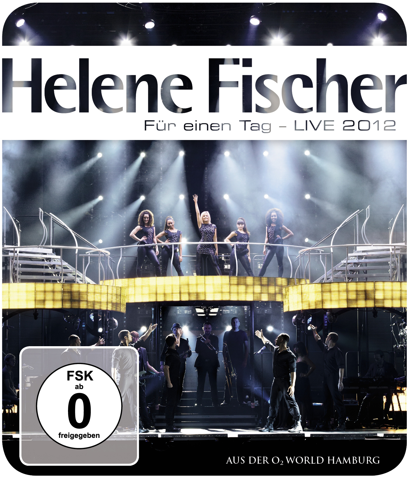 Helene Fischer DVD-Cover. Bühne mit Band und Sängern, Lichtern und Text.