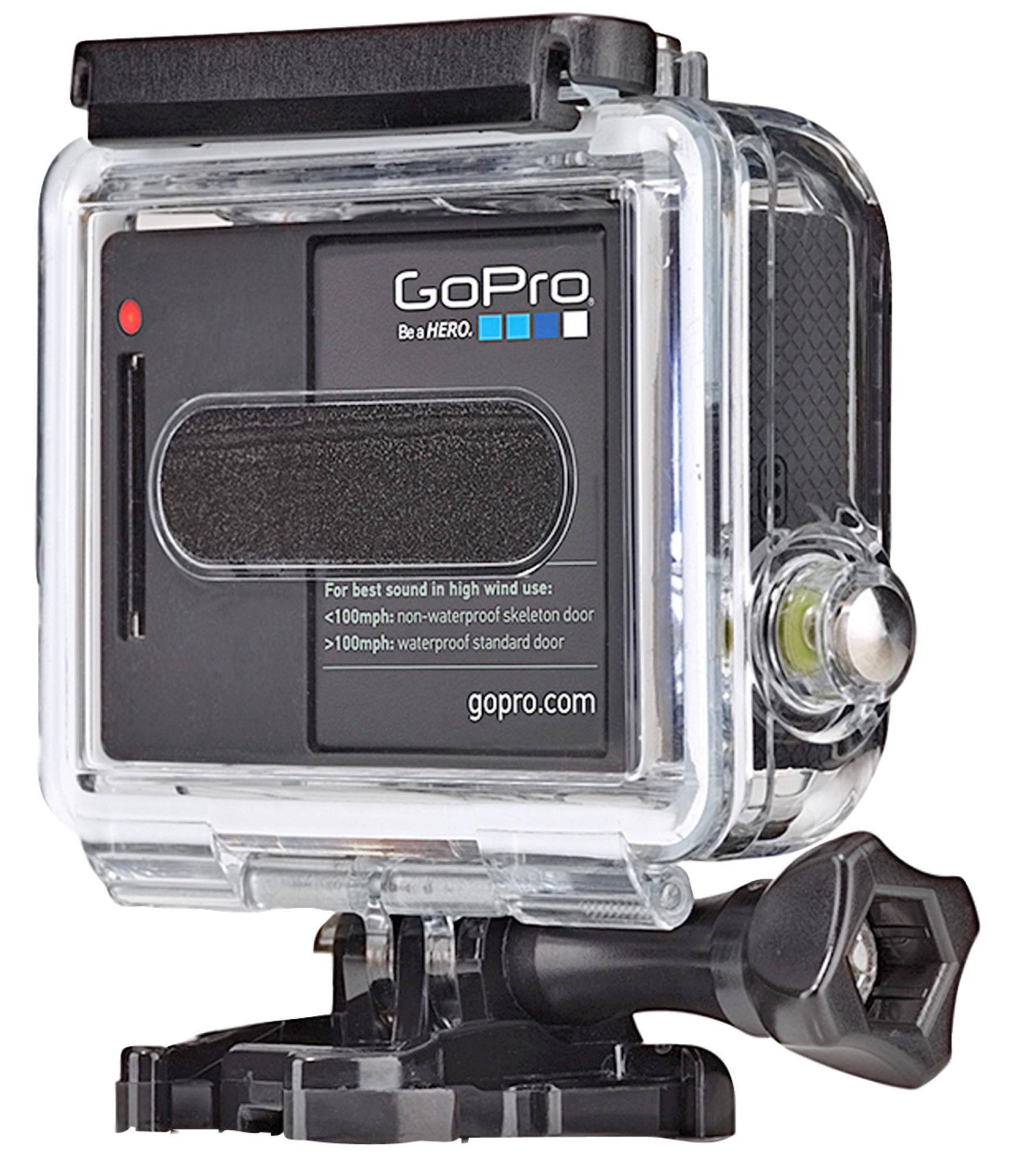 Cámara GoPro en funda impermeable. Cámara negra, funda transparente. Montura negra.