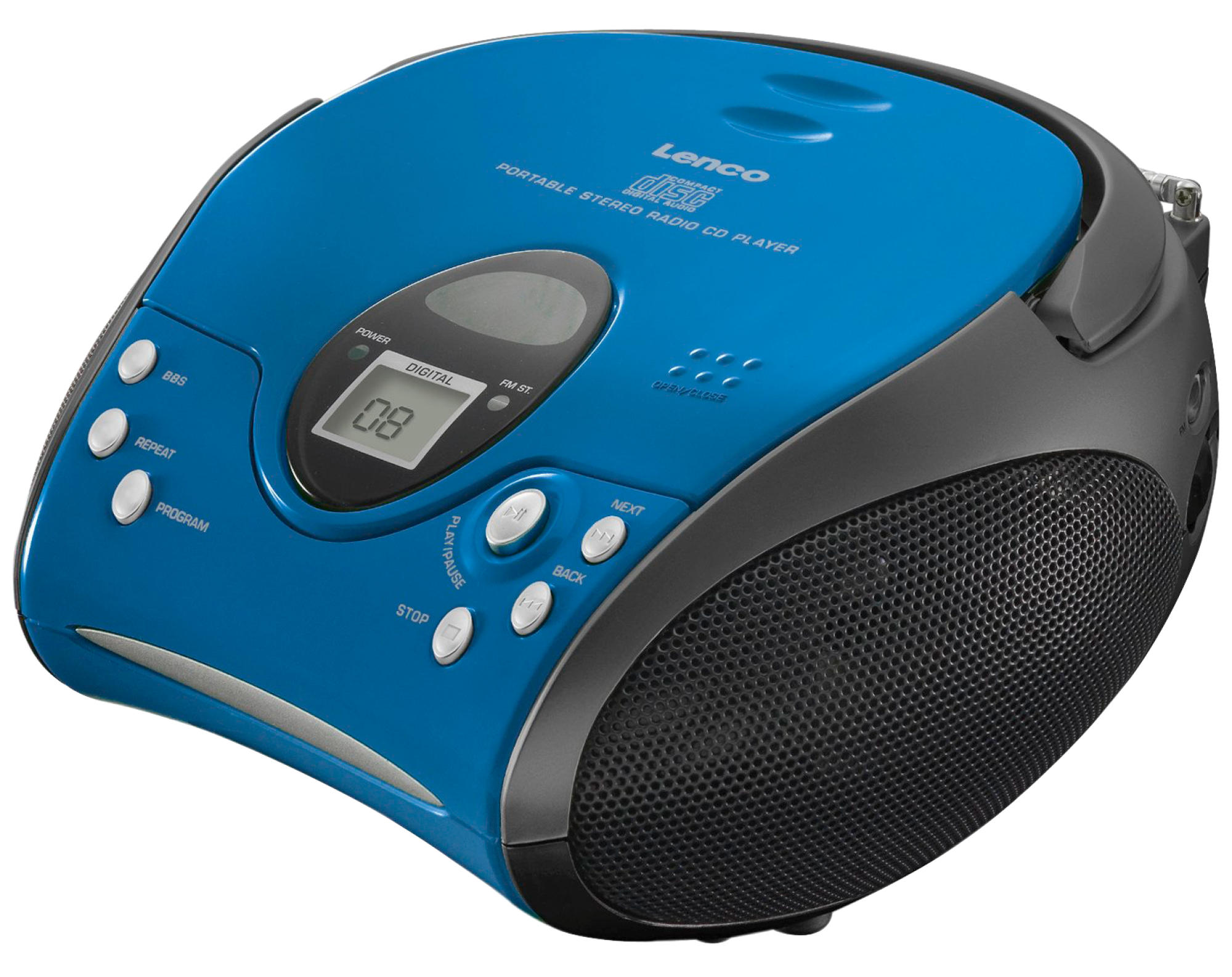 Blauer tragbarer Stereo-Radio-CD-Player mit schwarzen Akzenten, schräge Ansicht.