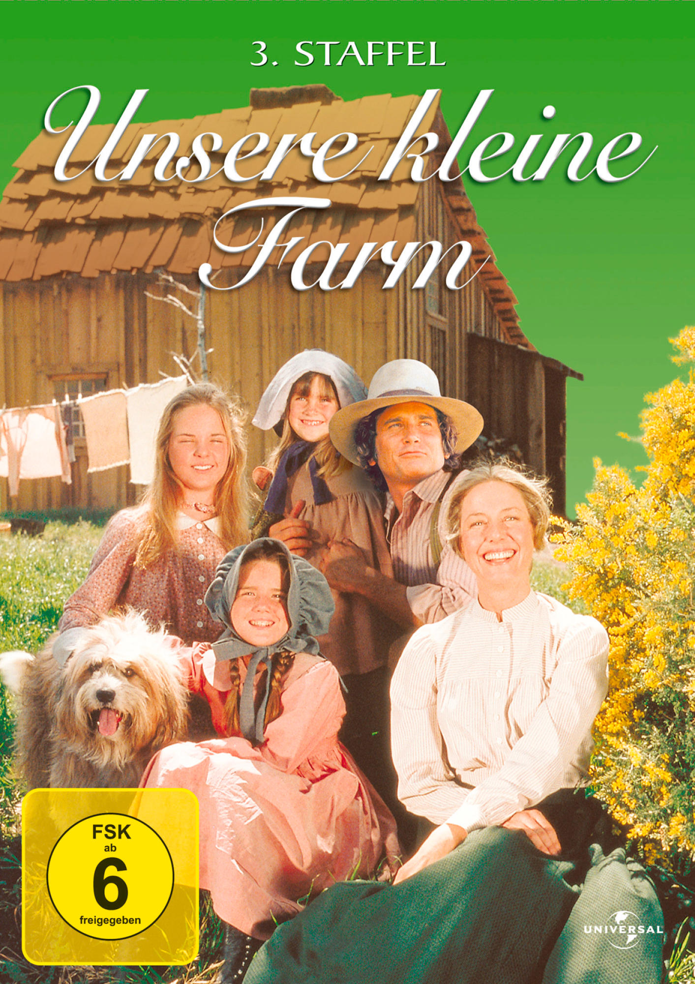 DVD-Cover von 'Unsere kleine Farm' (Staffel 3). Eine Familie mit Hund vor einem Holzhaus.