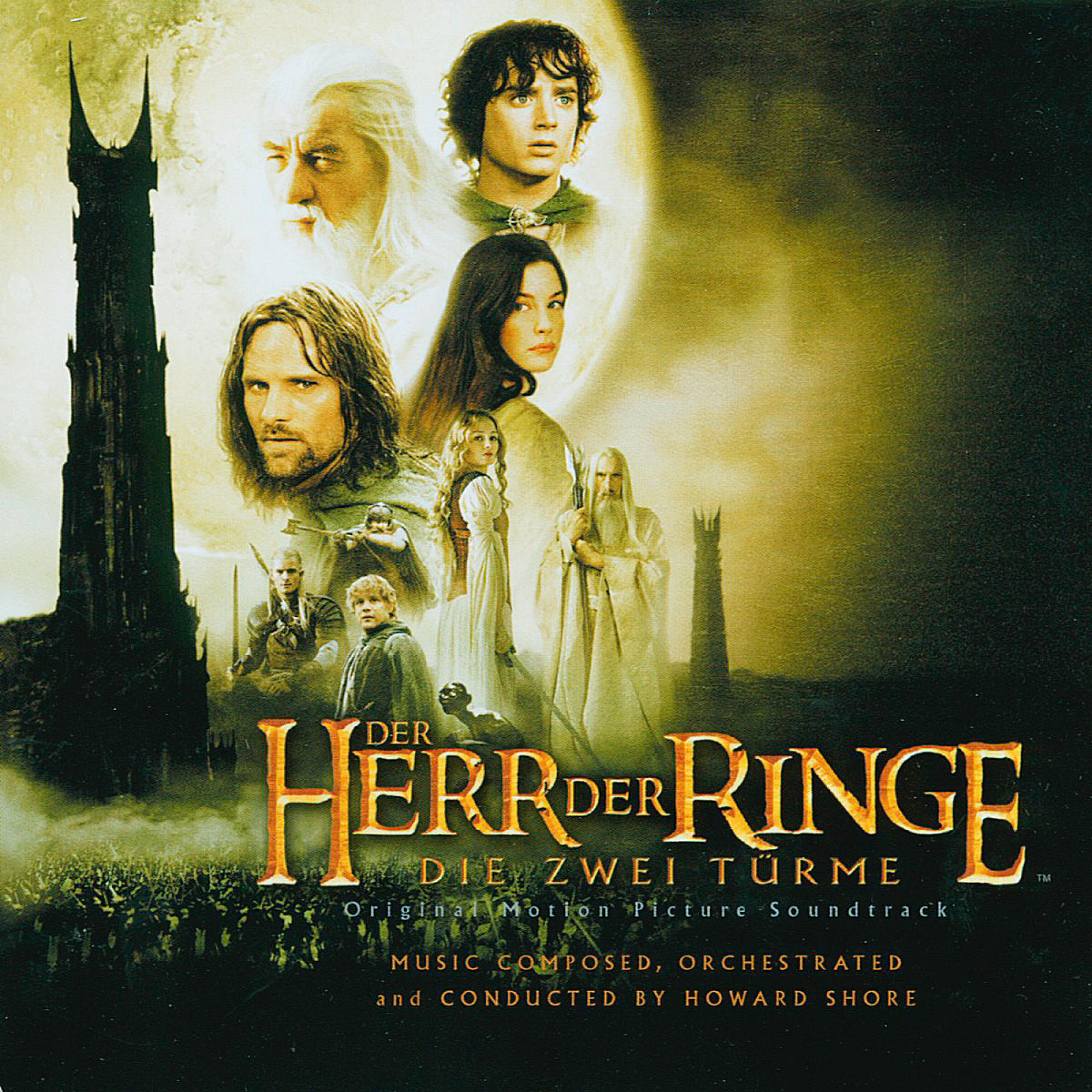 Cover des Filmsoundtracks 'Der Herr der Ringe'. Mit Schauspielern und dunklem Turmhintergrund.