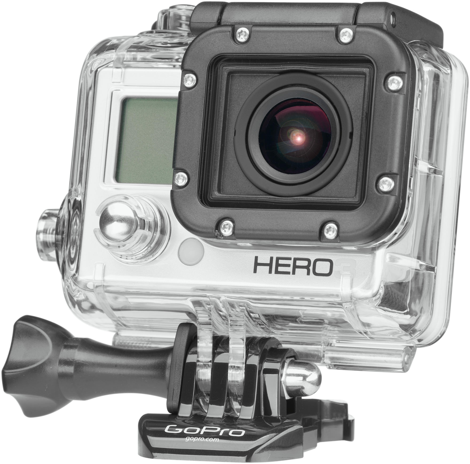 Una cámara de acción GoPro Hero en una funda transparente impermeable. Soporte negro adjunto.