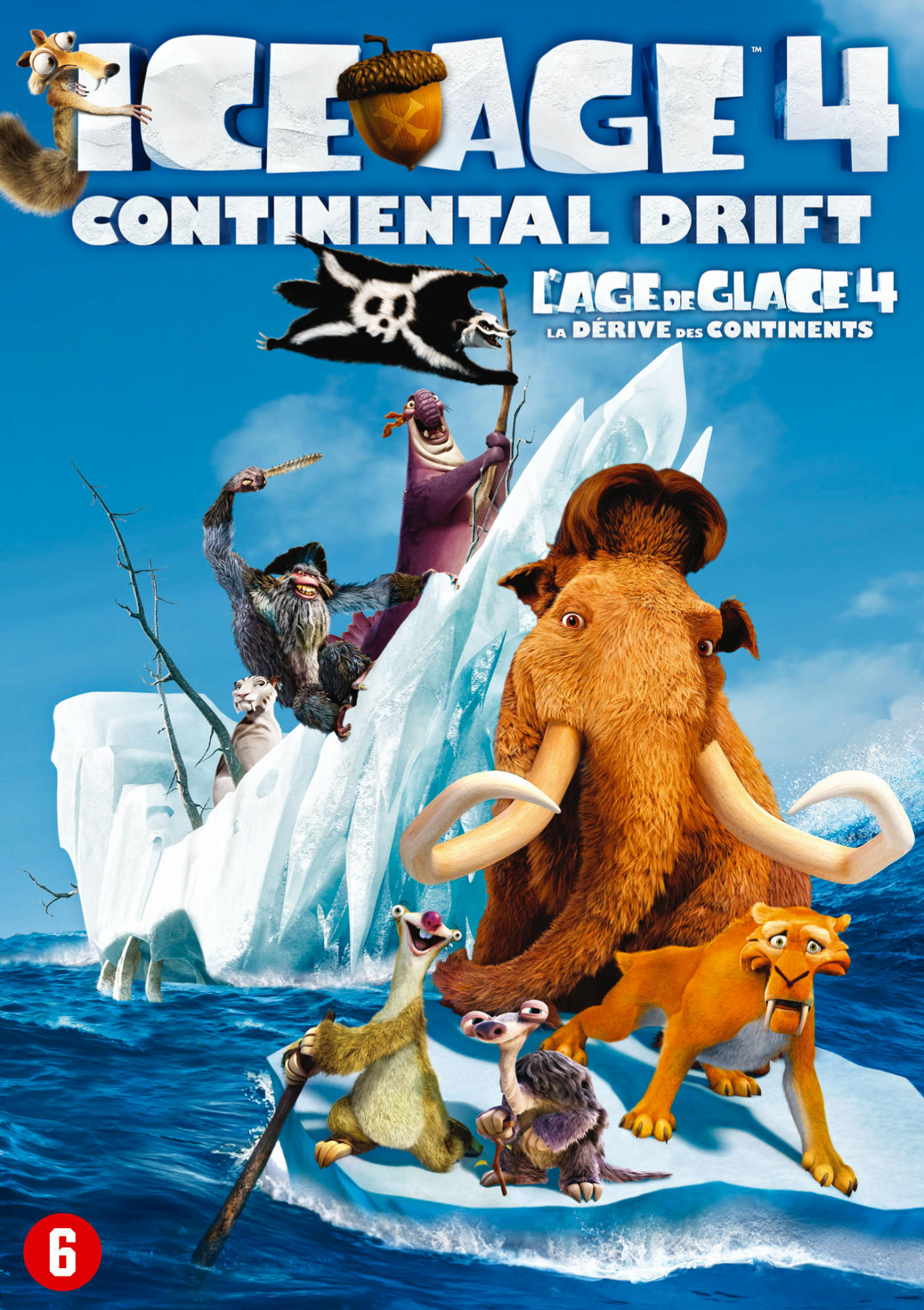 DVD-hoes: 'Ice Age 4', met verschillende cartoonfiguren in een besneeuwd en ijskoud landschap, blauwe lucht.