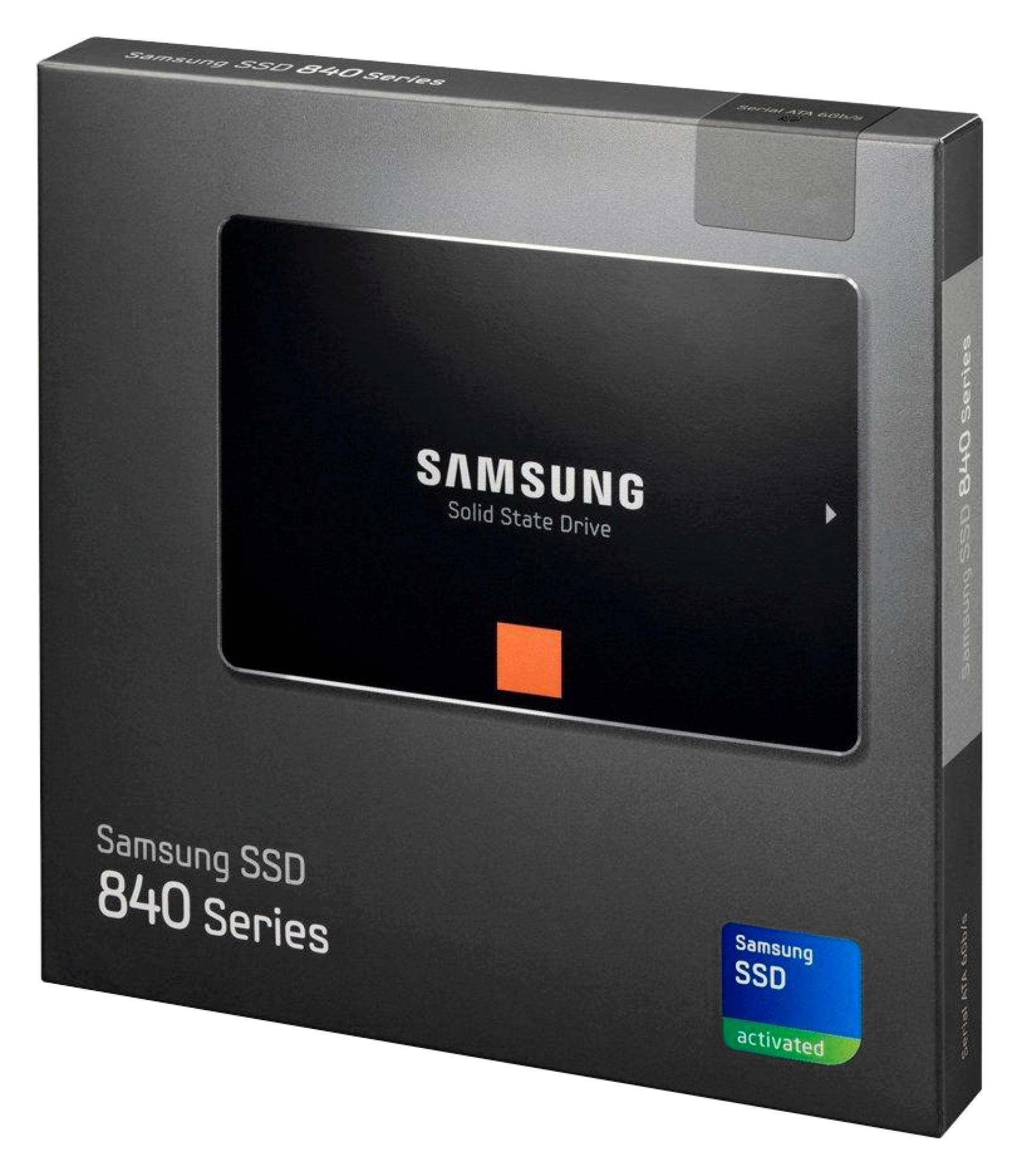 Egy fekete-szürke Samsung SSD 840 Series doboz fehér felületen.
