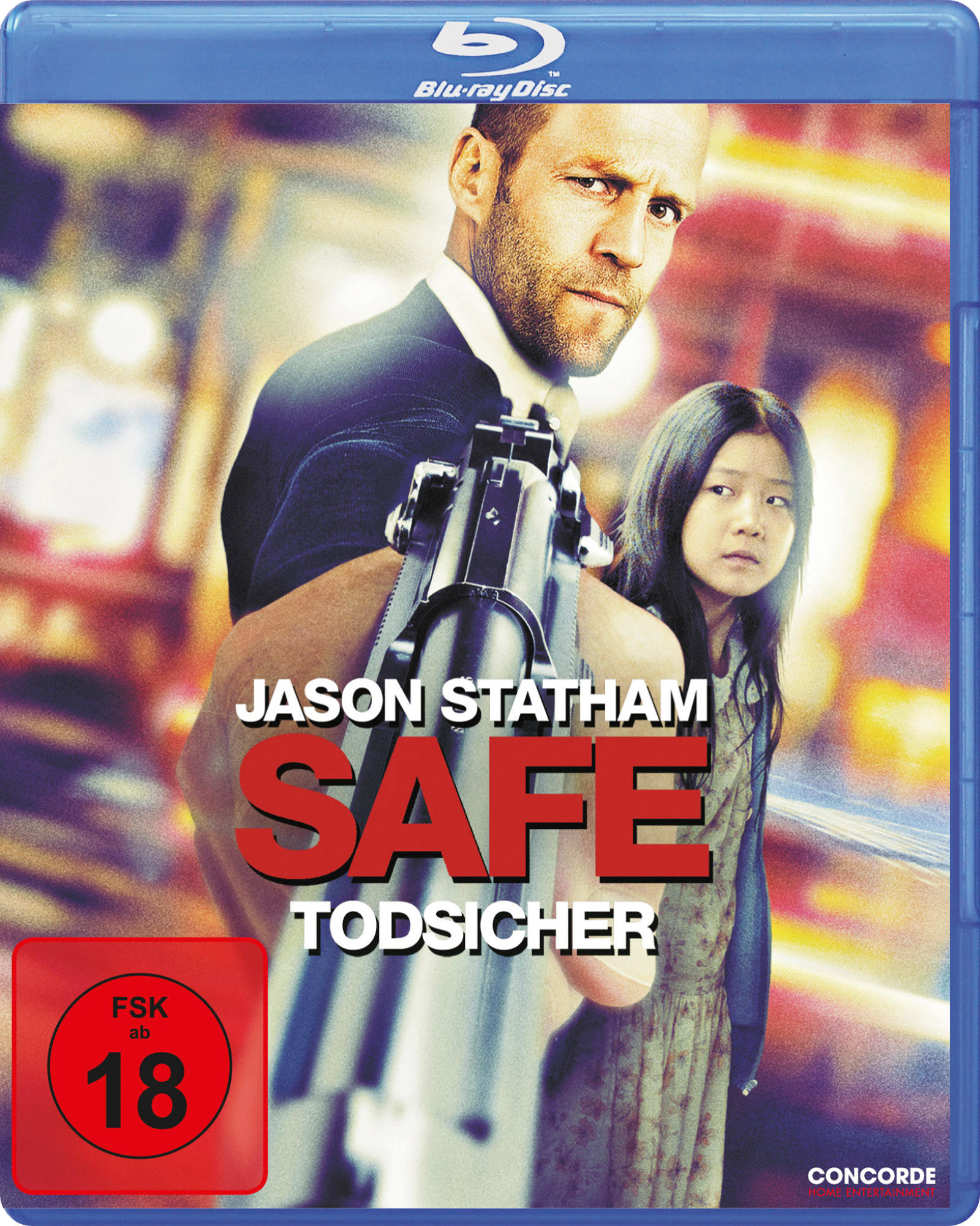 DVD-Cover: Jason Statham mit Waffe, Mädchen daneben, Titel 'Safe', FSK 18.