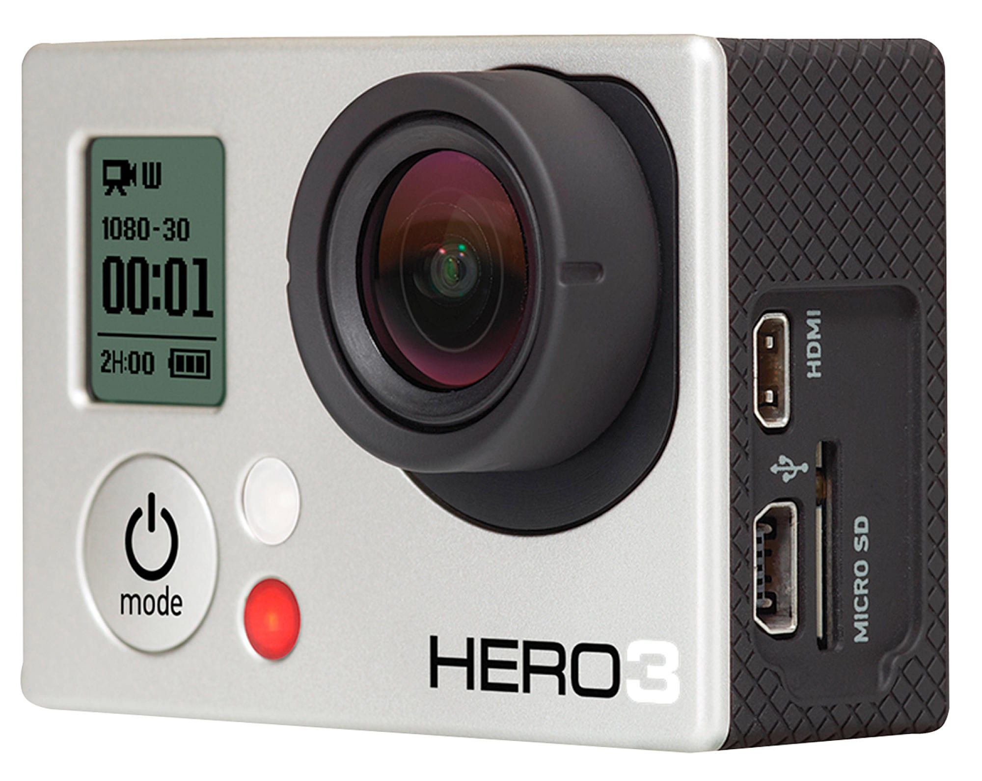Cámara plateada GoPro Hero3. Lente negro, pantalla LCD muestra ajustes. Botones y puertos visibles.