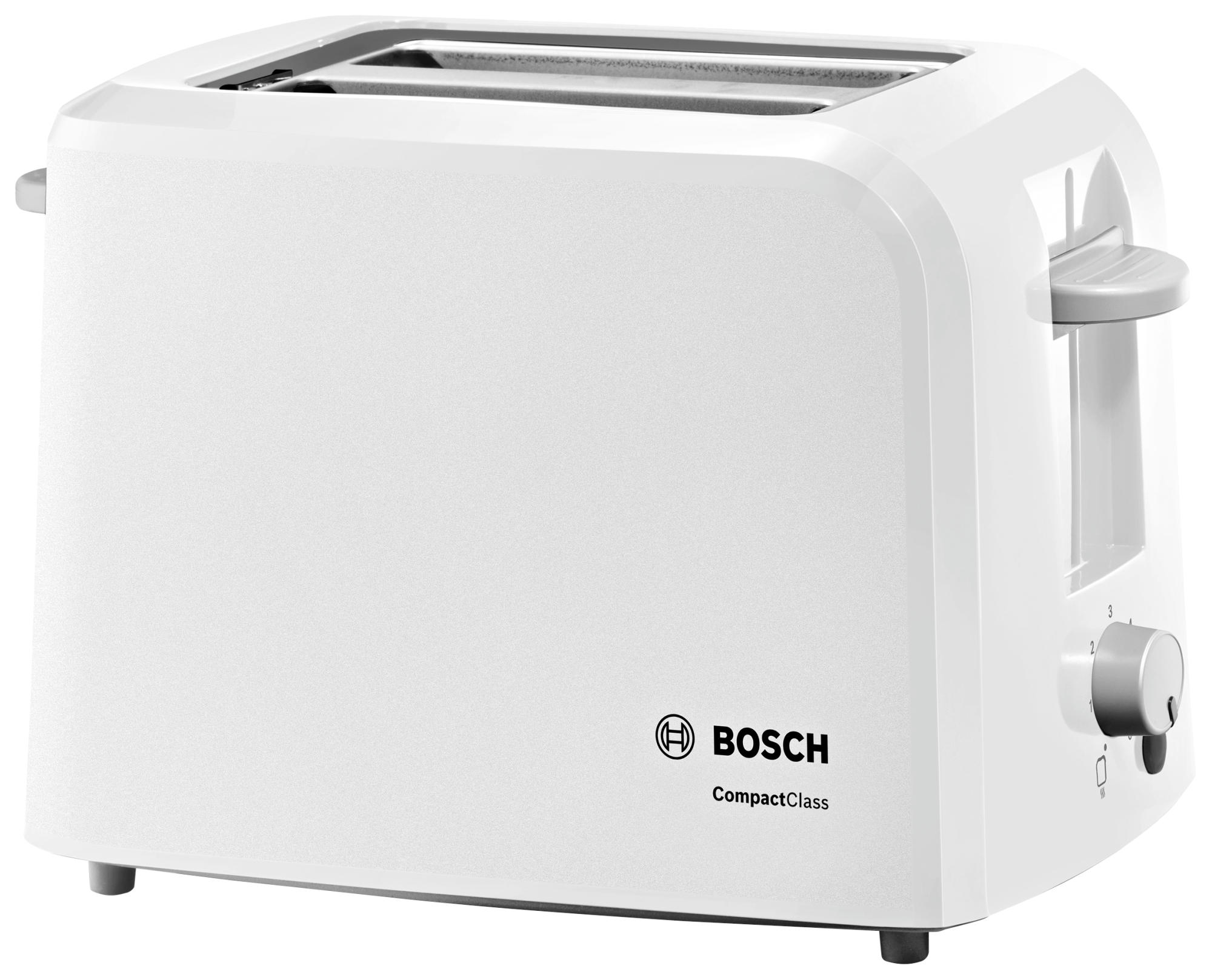 Weißer Bosch-Toaster. Mit Hebel, Drehregler und Schlitzen für Brot. Das CompactClass-Modell hat ein Logo.