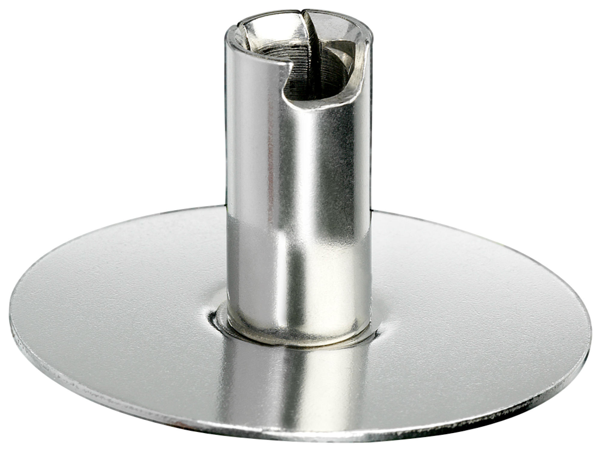 Ein glänzendes Metallteil mit zylindrischem Oberteil und rundem Sockel.