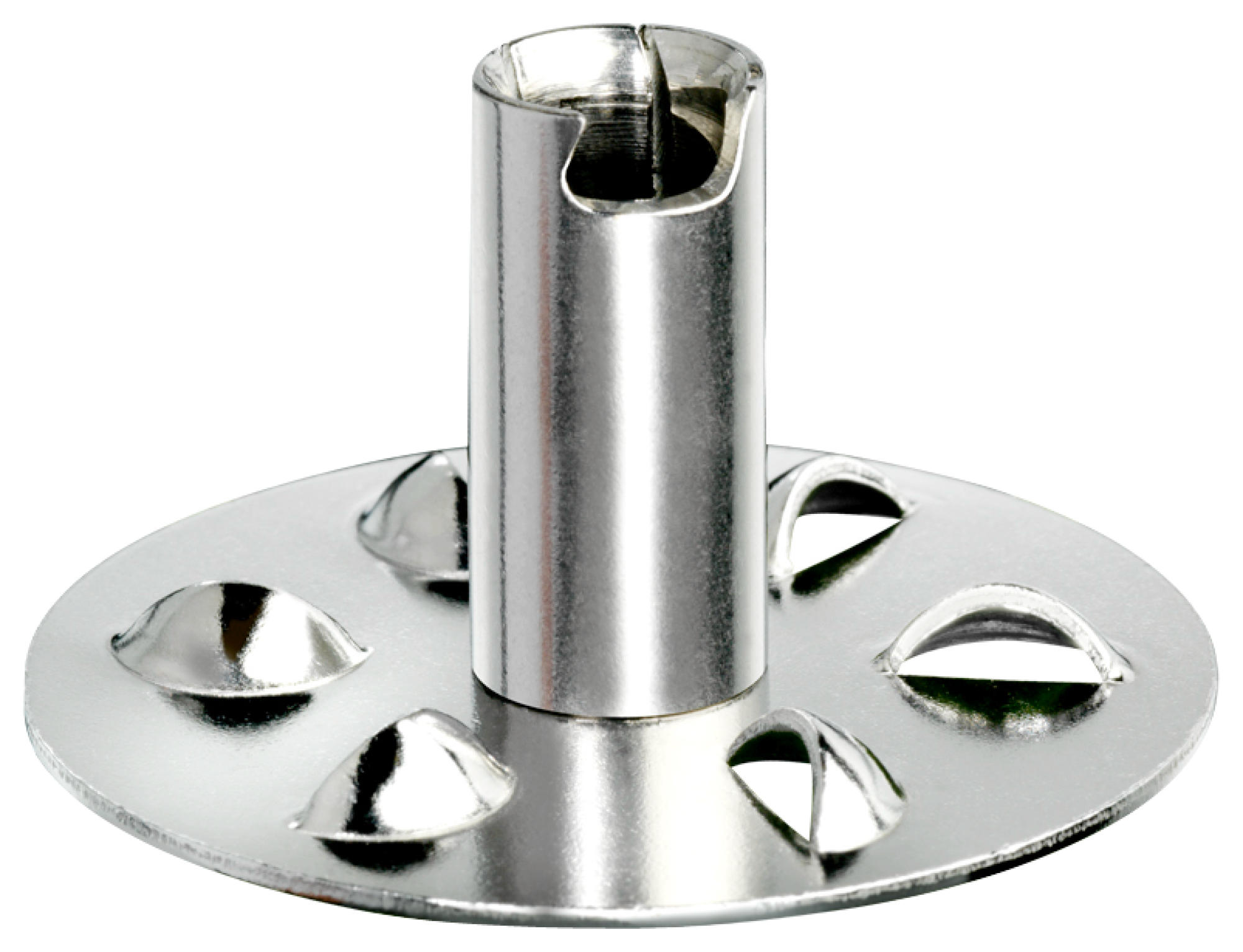 Ein glänzender Metall-Mixer-Messerfuß. Er hat einen Mittelzylinder und gebogene Klingen.