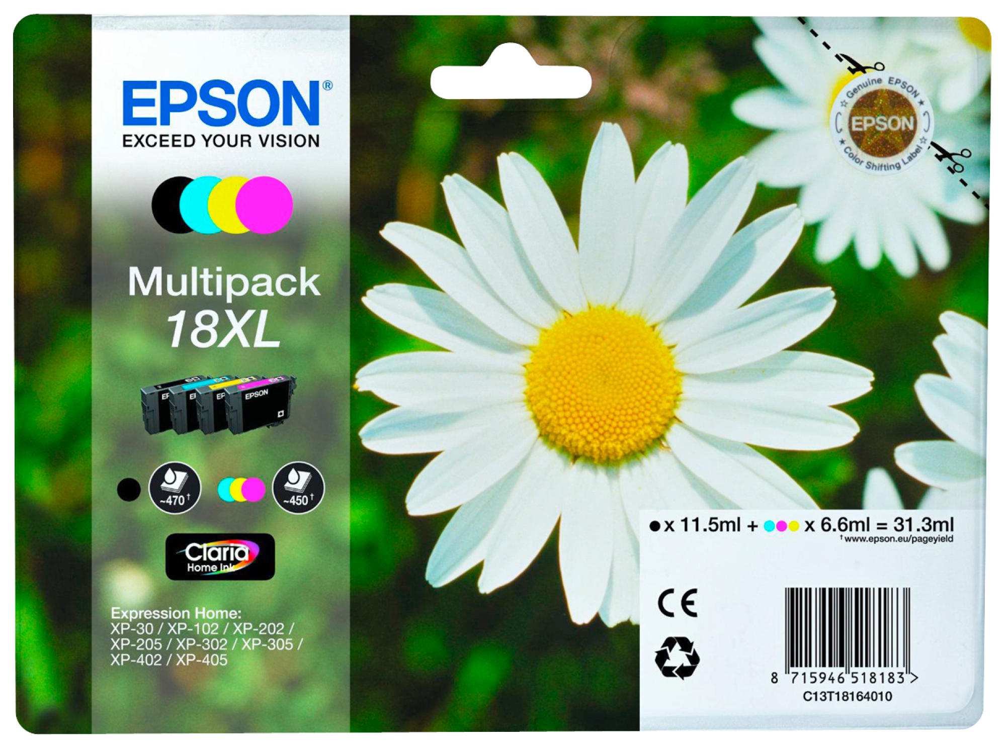 Epson Tintenpatronen-Multipack, mit Gänseblümchen im Hintergrund. Farbige Tintenpatronen sichtbar.
