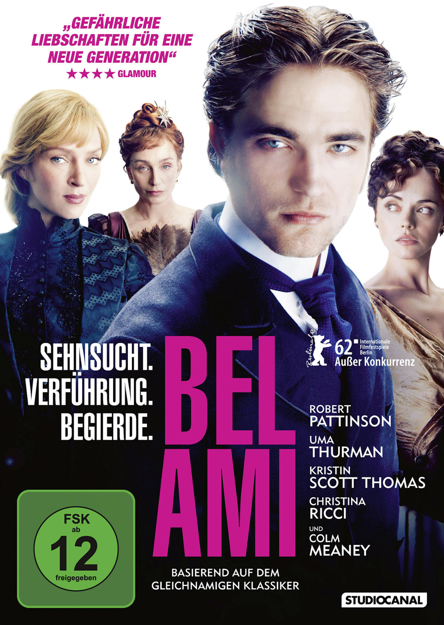 DVD-Cover von "Bel Ami" mit Robert Pattinson. Vier Personen mit Text auf Deutsch.