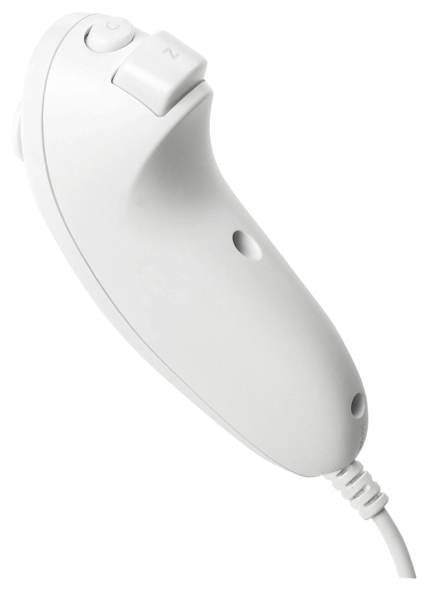 Weiße Wii-Fernbedienung mit Knöpfen, Sensorleiste und Kabel.