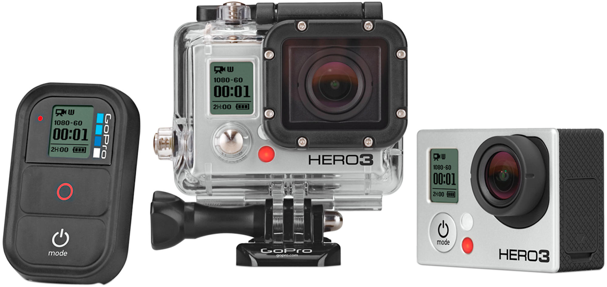 Cámara GoPro con carcasa, mando a distancia y cámara independiente. La cámara principal está en el medio.