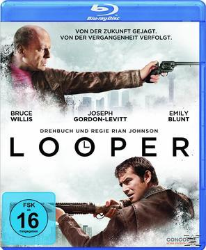 Looper Blu-ray-Cover. Bruce Willis und Joseph Gordon-Levitt mit Waffen, blauer Hintergrund und Logo.
