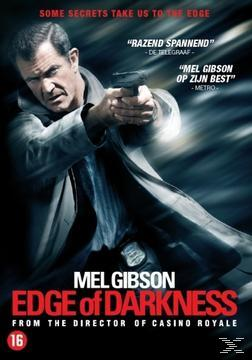 Affiche du film Edge of Darkness. Mel Gibson tient une arme à feu, avec du texte et une classification d'âge de 16.